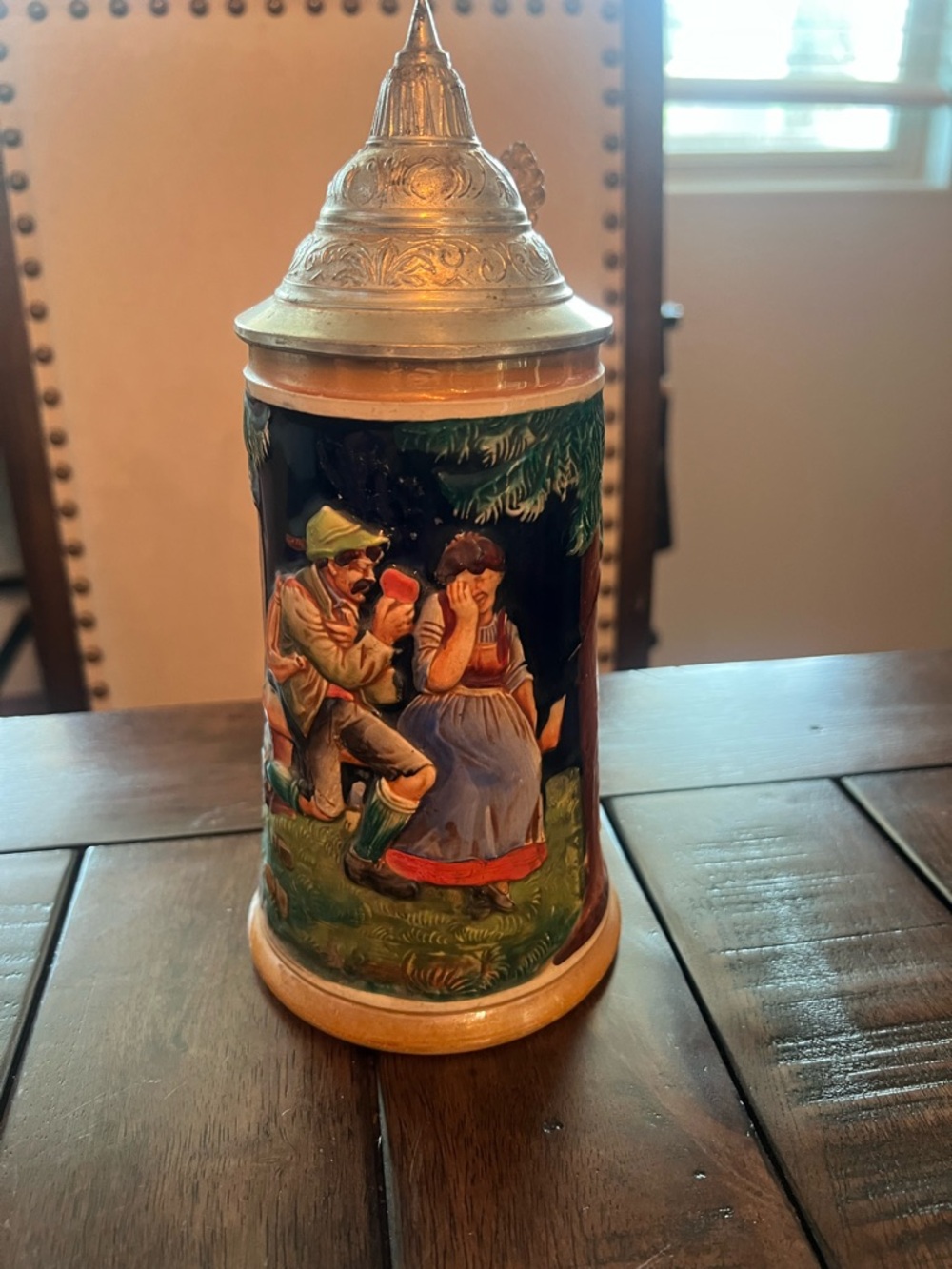 Vintage German-Style Ceramic Beer Stein with Pewter Lid - Hand-Painted Scene